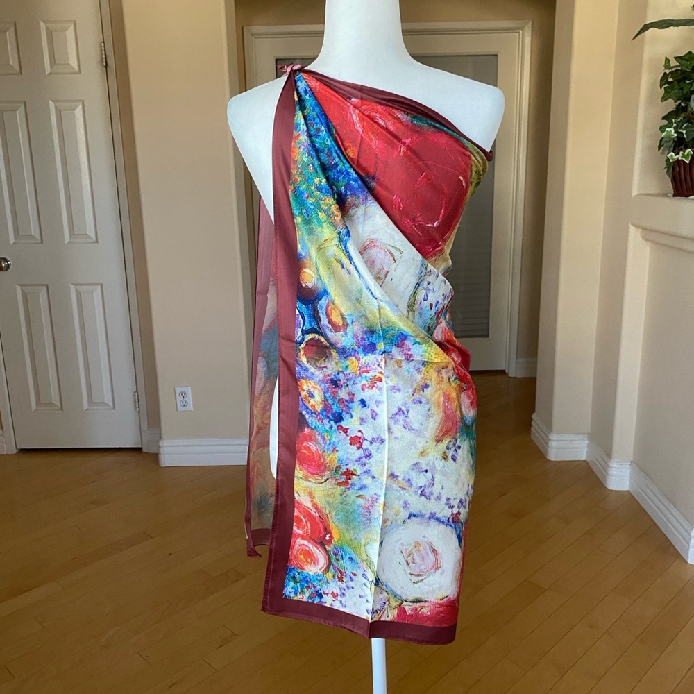 Vibrant Artistic Silk Floral Scarf Wrap Sarong - Picture 2 of 10
